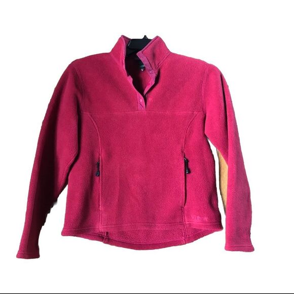 LL Bean Women’s Vintage 1/4 Snap Fleece Pullover Sweater Pockets Pop of Red - S - Picture 1 of 12
